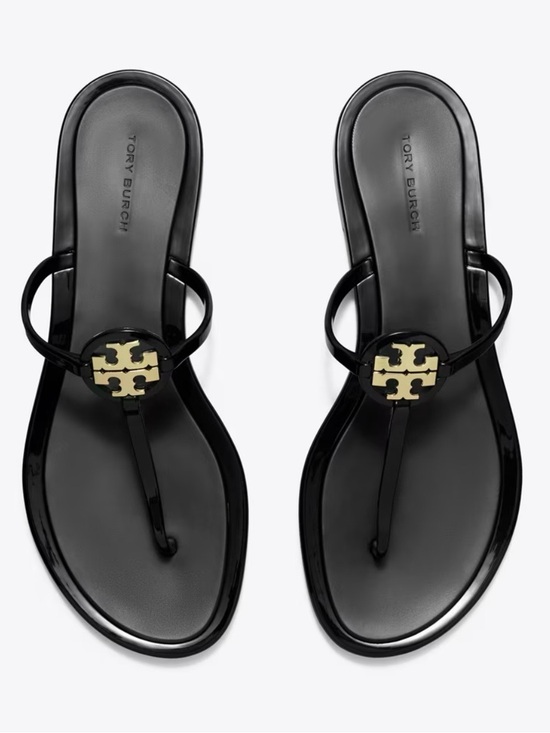 Tory Burch Shoes - Tory Burch Black Patent Miller Logo Thong Sandals with Gold Emblem